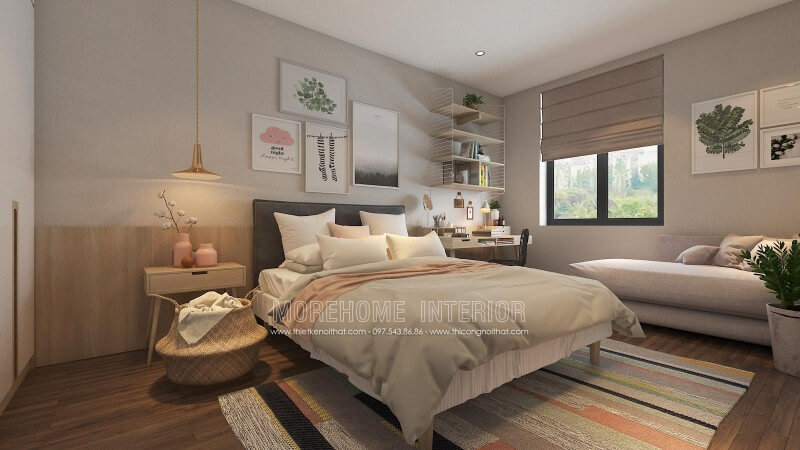 Gạch giả gỗ ốp tường cùng cách bố trí hiện đại, độc đáo đã tạo nên phòng ngủ trẻ trung, sinh động. Thiết kế chung cư