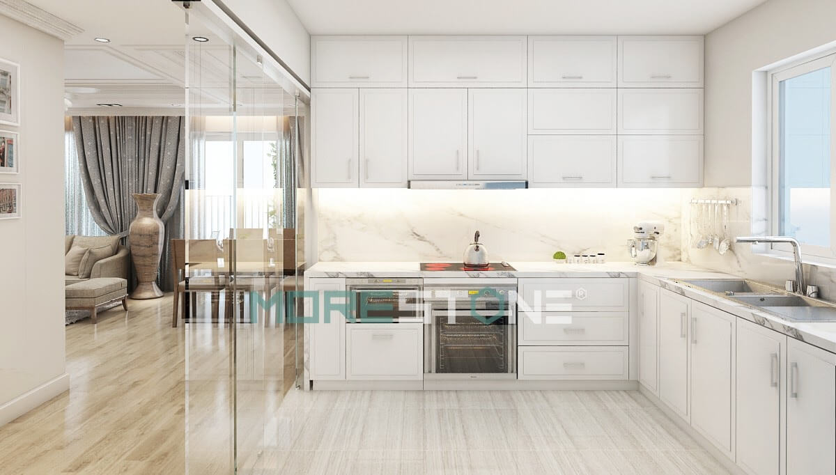 Đá trắng vân mây tạo cho căn bếp không gian sạch sẽ, hài hòa với thiết kế của tủ bếp Tủ bếp đẹp, sang trọng và đẳng cấp