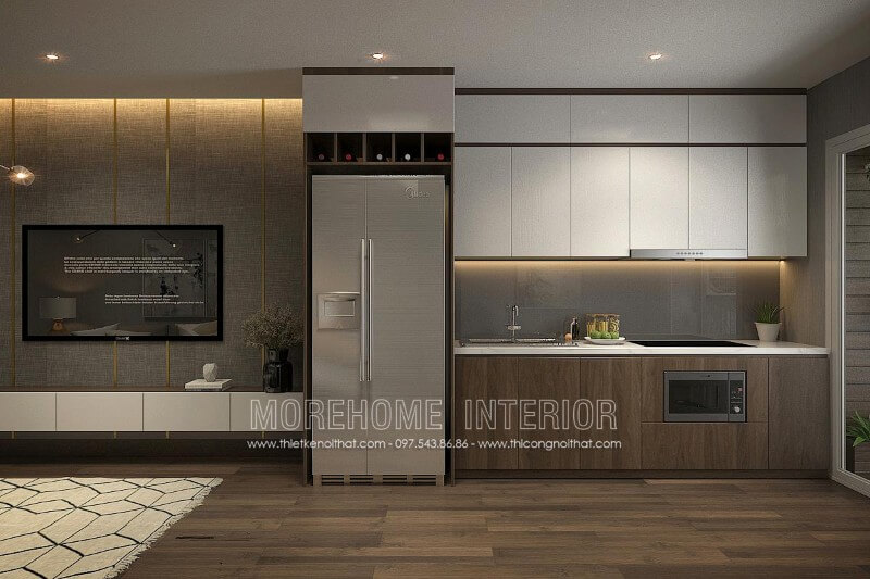 Thiết kế 3D mẫu tủ bếp chung cư bằng gỗ công nghiệp acrylic bóng gương màu trắng kết hợp gỗ Veneer màu vân gỗ đầy ấn tượng Thiết kế tủ bếp đẹp