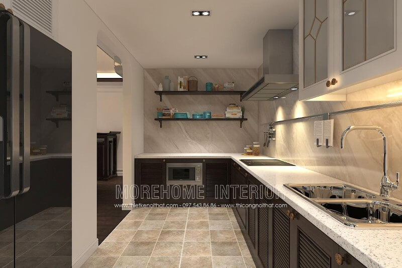 Tủ bếp chữ L với thiết kế hiện đại đơn giản kết hợp chất liệu gỗ tự nhiên nhập khẩu cao cấp cùng màu sắc tương phản mang lại cảm giác căn hộ rộng hơn thực tế Tủ bếp chữ L