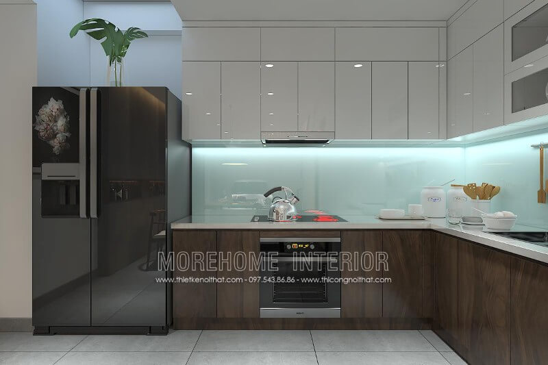 Tủ bếp hiện đại kiểu dáng chữ L tận dụng tối đa được góc khuất của phòng bếp mang lại không gian rộng và thoáng hơn Tủ bếp chữ L