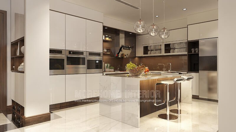 Thiết kế tủ bếp chữ L hiện đại, tone màu trắng chủ đạo tạo nên một không gian đầy sang trọng và không kém phần đẳng cấp, tinh tế Tủ bếp chữ L