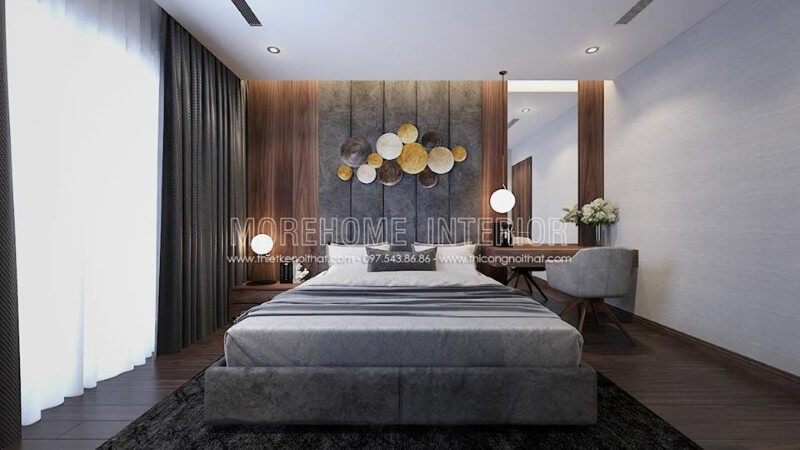 Giường ngủ hiện đại kết hợp nệm ốp đầu giường bọc nỉ ấn tượng với tone xám nổi bật.