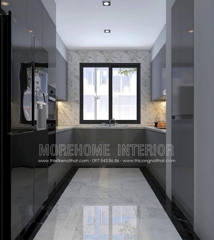 Trang trí phòng bếp với tủ bếp hình chữ U màu xám là một ý tưởng sử dụng tối đa diện tích và có thể lưu trữ những vật dụng phát sinh cần thiết trong sinh hoạt gia đình phù hợp với mọi không gian hiện đại từ chung cư, nhà phố, biệt thự.