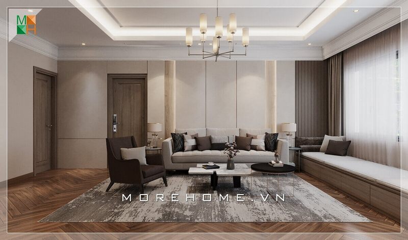 Mẫu bàn trà kiểu dáng hiện đại độc đáo, với chất liệu gỗ kết hợp mặt bàn đá nhân tạo cao cấp, tạo điểm nhấn ấn tượng cho không gian phòng khách