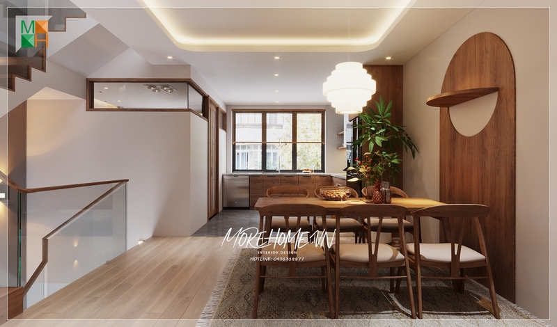 Phòng ăn liền bếp nhà phố được trang trí để tạo ra một không gian thoáng đãng, rộng rãi và gắn kết gần gũi giữa các phòng.