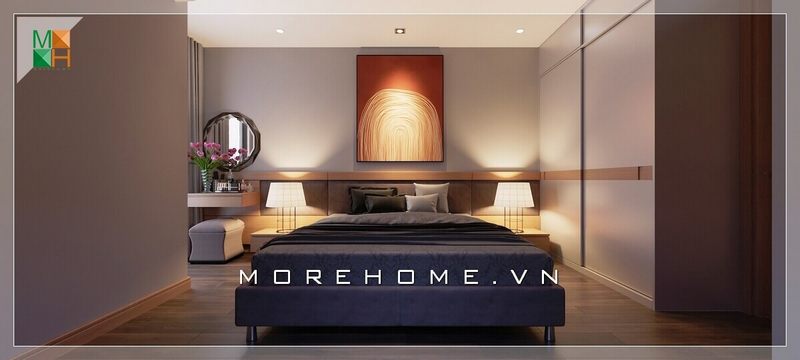 Thiết kế phòng ngủ của các căn hộ, nhà phố hiện đại với màu sắc trẻ trung và cá tính được nổi bật bởi giường ngủ hiện đại màu tím đặt giữa phòng tạo nên một phong cách ấn tượng hiện đại và lôi cuốn.